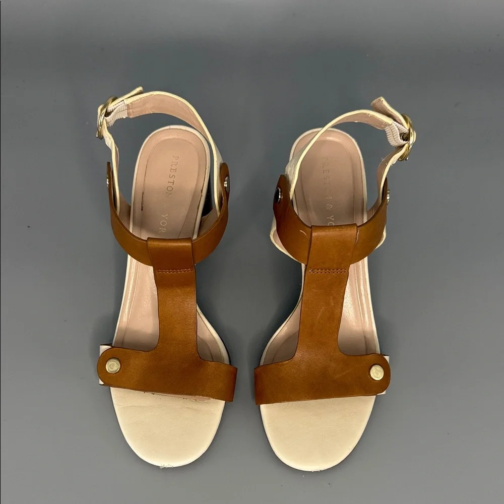 Preston & York Faye Tan Leather T-Strap‎ Block Heel Sandals - Size 6.5